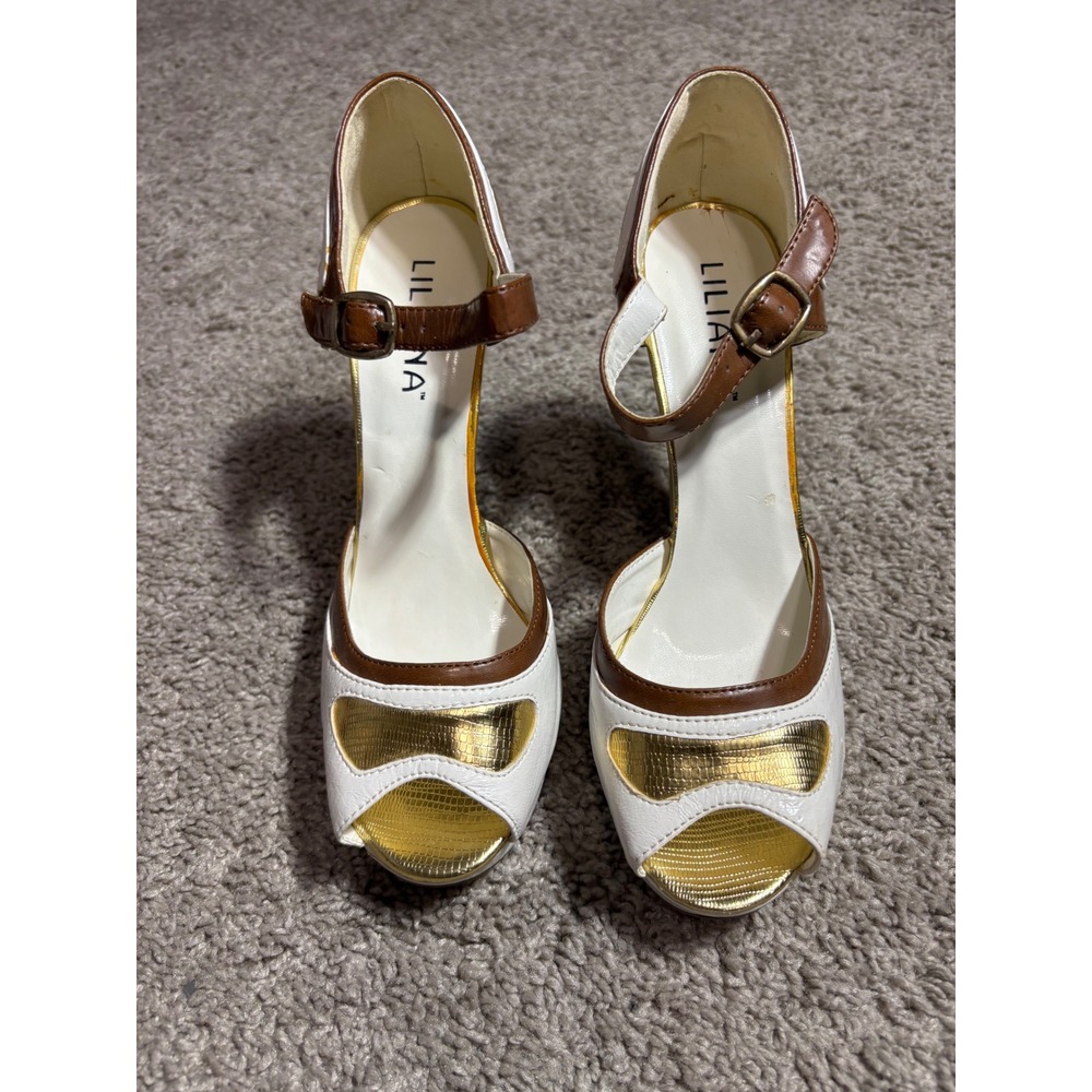 Liliana‎ Tri-Tone Platform Heels White Brown Gold Peep Toe Ankle Strap Pumps 6.5